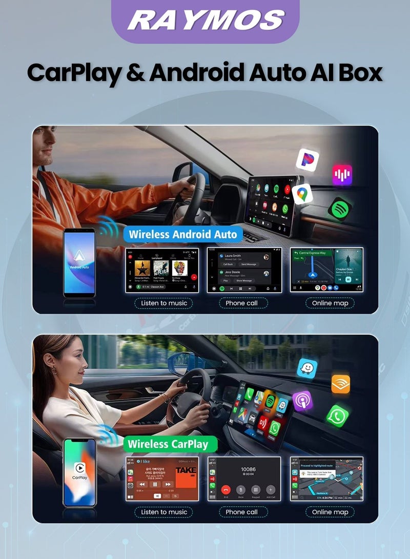 رايموس جهاز Raymos R48 AI Box متعدد الوسائط للسيارة بنظام Android 13 - معالج Qualcomm SM6115 | يدعم CarPlay وAndroid Auto لاسلكيًا | YouTube وNetflix | شريحة 4G | واي فاي | GPS | بلوتوث 5.0 | منفذ USB-C | إضاءة RGB - Image 2